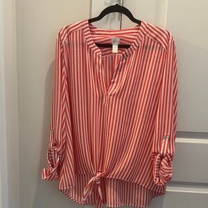 Chico’s Stylish Orange & White Striped Tie-Hem Women’s Top Size 3, XL